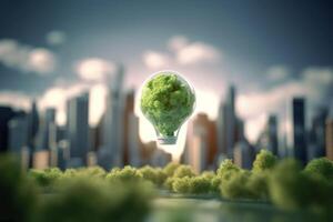 energie consumptie en co2 gas- uitstoot zijn toenemend licht bollen met groen eco stad, hernieuwbaar energie door 2050 koolstof neutrale energie, opslaan energie creatief idee concept, generatief ai. foto