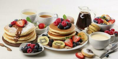pannekoeken met vers fruit, donuts en koffie Aan een wit achtergrond., genereren ai foto