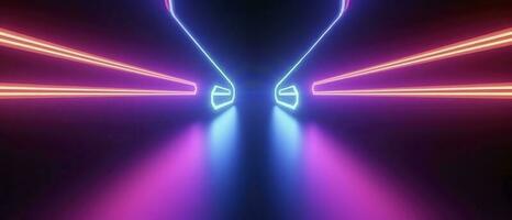 3d weergave, afgeronde roze blauw neon lijnen, gloeiend in de donker. abstract minimalistische meetkundig achtergrond. ultraviolet spectrum. cyber ruimte. futuristische behang, genereren ai foto