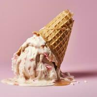 een vernietigd wafel ijshoorntje met gesmolten ijs room Aan een roze achtergrond, genereren ai foto
