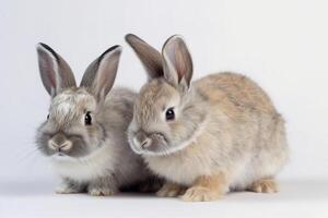 voorkant visie van schattig baby konijnen Aan wit achtergrond, weinig schattig konijnen zittend met lief actie Aan wit, generatief ai foto