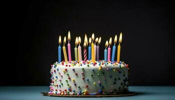 viering verjaardag taart met twintig een kleurrijk verjaardag kaarsen, genereren ai foto