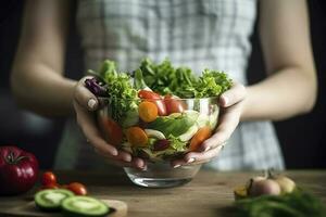 een visie van een jong vrouw handen Holding een glas kom vol van een gezond gemengd salade, genereren ai foto