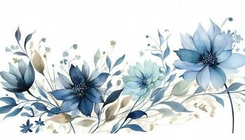 abstract bloemen kunst achtergrond vector. botanisch waterverf hand- geschilderd blauw bloemen en blad Afdeling met lijn kunst. ontwerp voor behang, banier, afdrukken, poster, omslag, groet, genereren ai foto