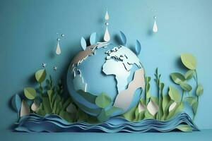 papier kunst , ecologie en wereld water dag , besparing water en wereld milieu dag, milieu bescherming en opslaan aarde water , genereren ai foto