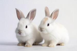 voorkant visie van schattig baby konijnen Aan wit achtergrond, weinig schattig konijnen zittend met lief actie Aan wit, generatief ai foto