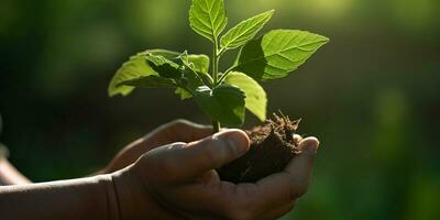 een kind Holding een fabriek in hun handen met een groen achtergrond en zonlicht schijnend door de bladeren Aan de plant, genereren ai foto