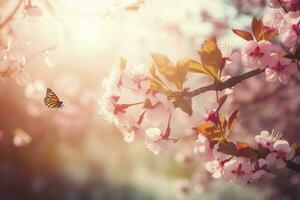 voorjaar banier, takken van bloeiende kers tegen de achtergrond van blauw lucht, en vlinders Aan natuur buitenshuis. roze sakura bloemen, dromerig romantisch beeld lente, landschap panorama, genereren ai foto