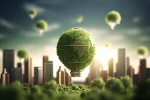 energie consumptie en co2 gas- uitstoot zijn toenemend licht bollen met groen eco stad, hernieuwbaar energie door 2050 koolstof neutrale energie, opslaan energie creatief idee concept, generatief ai. foto