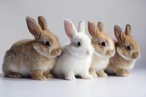 voorkant visie van schattig baby konijnen Aan wit achtergrond, weinig schattig konijnen zittend met lief actie Aan wit, generatief ai foto