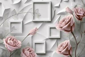 3d klassiek behang. roos bloemen Aan een licht grijs achtergrond met pleinen en golvend vormen. voor muur huis decor, genereren ai foto
