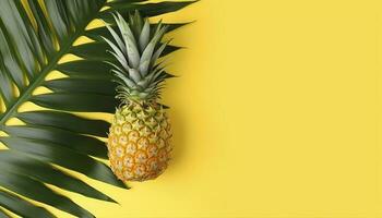 top visie van vers ananas met tropisch bladeren Aan geel achtergrond , genereren ai foto