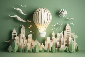 papier besnoeiing van licht lamp met groen eco stad , hernieuwbaar energie door 2050 koolstof neutrale energie of kas gas- emissie co2 , opslaan energie creatief idee concept , generatief ai foto