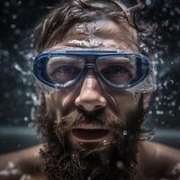 Mens gezicht onderwater- in waterbestendig bril ai gegenereerd foto