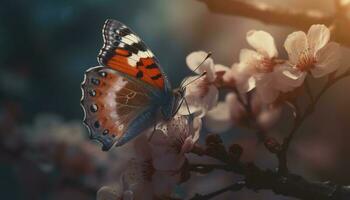 kant visie van rood admiraal vlinder met oranje, wit, zwart en bruin Vleugels zittend Aan een Purper bloem van Argentijns ijzerhard. zonnig zomer dag in een tuin, genereren ai foto