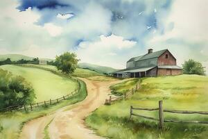 een waterverf schilderij van een landelijk platteland tafereel, met een pittoreske boerderij of schuur, rollend heuvels, en een blauw lucht met pluizig wolken, genereren ai foto