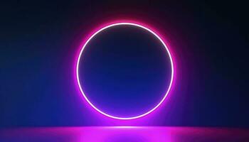 3d veroorzaken, blauw roze neon ronde kader, cirkel, ring vorm geven aan, leeg ruimte, ultraviolet licht, 80s retro stijl, mode tonen fase, abstract achtergrond, genereren ai foto