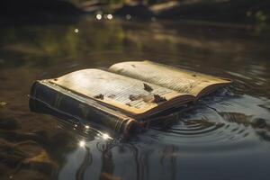 een Open boek met muziek- aantekeningen drijvend uit van zijn Pagina's Aan een donker achtergrond met licht komt eraan van de top van de boek. generatief ai foto