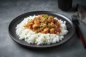 zoet en verzuren Chili saus kip met rijst- in een bord, genereren ai foto