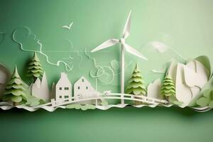 papier kunst, hernieuwbaar energie met groen energie zo net zo wind turbines, hernieuwbaar energie door 2050 koolstof neutrale energie, energie consumptie, en co2, verminderen co2 emissie concept, genereren ai foto