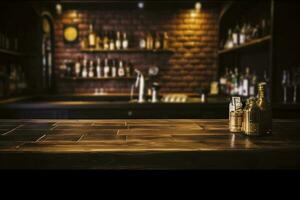 kroeg bar teller met houten tafel achtergrond, genereren ai foto