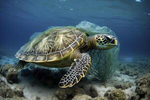 ai illustratie van een schildpad gevangen met visvangst netto. de concept van milieu bescherming. zee, oceaan schildpad nodig hebben naar worden bevrijd van visvangst netten. Nee naar dood schildpadden. generatief ai foto