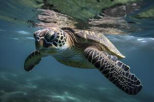 ai illustratie van een schildpad gevangen met visvangst netto. de concept van milieu bescherming. zee, oceaan schildpad nodig hebben naar worden bevrijd van visvangst netten. Nee naar dood schildpadden. generatief ai foto