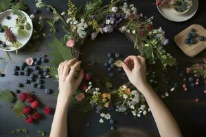 creëren een bloemen waterverf lauwerkrans, gebruik makend van een mengen van wilde bloemen, bladeren, en bessen naar creëren een grillig en biologisch samenstelling, genereren ai foto