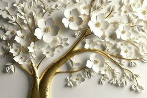 3d behang bloemen boom achtergrond met wit bloem bladeren en gouden stang. interieur muur huis decor, genereren ai foto