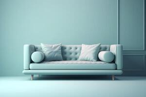 zacht blauw sofa Aan een blauw achtergrond, 3d illustratie, modern minimalistisch leven kamer interieur detail. gezelligheid, sociaal media en uitverkoop concept, creatief advertentie idee, ai gegenereerd afbeelding. foto