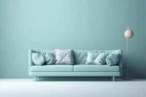 zacht blauw sofa Aan een blauw achtergrond, 3d illustratie, modern minimalistisch leven kamer interieur detail. gezelligheid, sociaal media en uitverkoop concept, creatief advertentie idee, ai gegenereerd afbeelding. foto