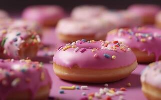 roze donuts met hagelslag. zoet voedsel achtergrond, vers gebakken donut. ai gegenereerd afbeelding. foto