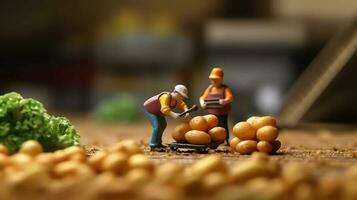 een miniatuur arbeiders werken Aan aardappel foto
