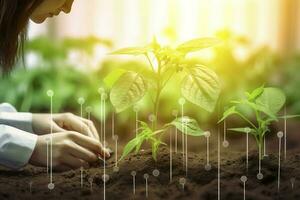 agrarisch technologieën voor groeit planten en wetenschappelijk Onderzoek in de veld- van biologie en chemie van natuur. leven groen spruit in de handen van een boer, genereren ai foto