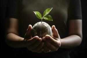 een kind Holding een fabriek in hun handen met een groen achtergrond en zonlicht schijnend door de bladeren Aan de plant, genereren ai foto