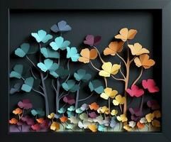 3d kleurrijk illustratie van ginkgo bladeren, hert, en bladeren in donker achtergrond. minimalistische hand geschilderd canvas kunst muur kader decor, genereren ai foto