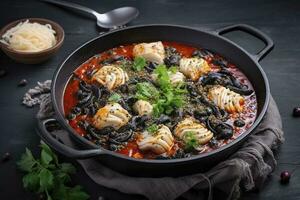 traditioneel Italiaans spaghetti al Nero di seppia met inktvis inkt in tomaat saus geserveerd net zo detailopname in een gietijzer pan Aan een houten bord, genereren ai foto