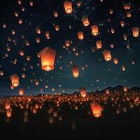 nacht lucht vol gevulde met vliegend Chinese lantaarn ai gegenereerd foto