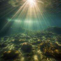 de zon stralen breken door onder de water ai gegenereerd foto