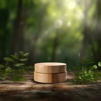 houten Product Scherm podium met wazig natuur bladeren foto