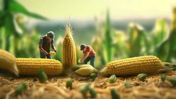 een miniatuur arbeiders werken Aan maïs foto