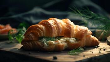 vers gebakken croissant Aan rustiek houten tafel gegenereerd door ai foto