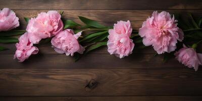 roze bloemen Aan een houten tafel ai gegenereerd foto