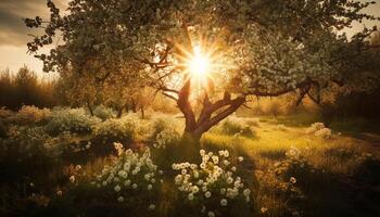 helder zon instelling over- landelijk weide tafereel gegenereerd door ai foto