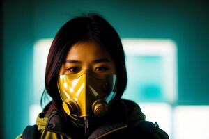 een vrouw vervelend futuristische beschermend masker. covid 19. masker dragen met vertrouwen. generatief ai foto