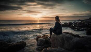 silhouet van een vrouw zittend Aan rots gegenereerd door ai foto
