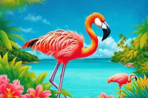 zomer vakantie concept. flamingo paradijs. verkennen de levendig kust- wonderen. generatief ai foto
