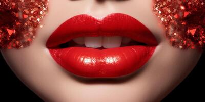 rood lippen met glitters en de woord lippenstift ai gegenereerd foto