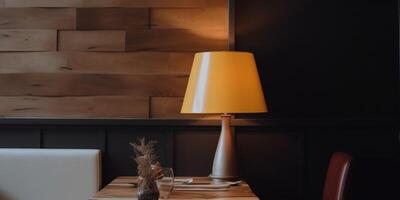 houten tafel in restaurant met lamp ai gegenereerd foto