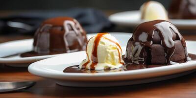 bord van chocola toetje met chocola siroop ai gegenereerd foto